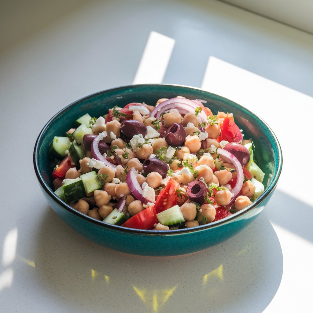 A photo of a hearty summer salad in a deep turquoise ceramic bowl on a bright plain white kitchen countertop. The salad contains plump chickpeas, diced cucumbers, red onions, tomatoes, Kalamata olives, and crumbled feta. The salad is tossed with olive oil and fresh oregano. The countertop is illuminated by soft natural light, which highlights the glisten of the olive oil and the crisp freshness of the chopped vegetables.