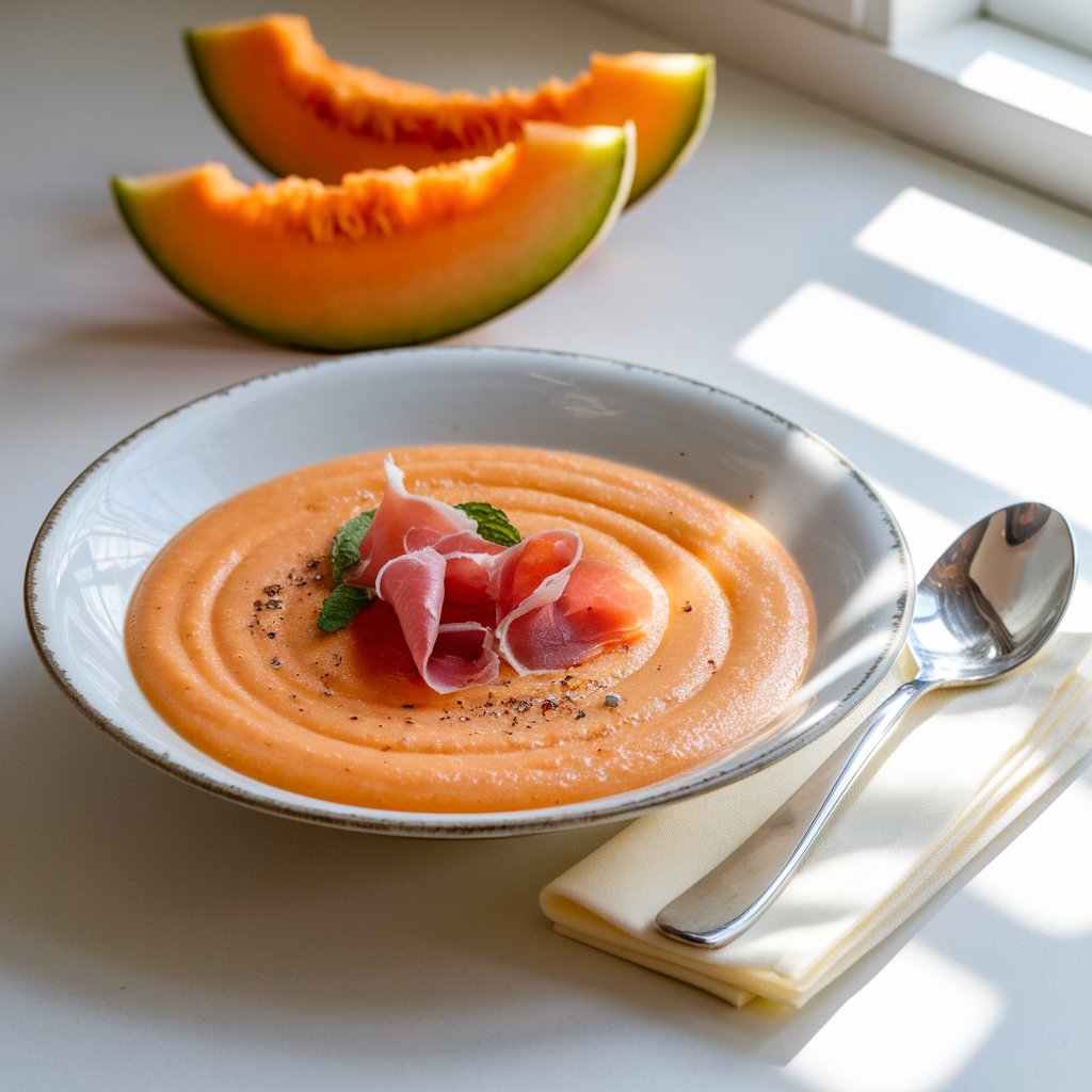 A photo of a pale orange summer soup with a silky, nectar-like consistency. It is served in a shallow, rimmed white bowl placed on a bright plain white kitchen countertop. Crisp pieces of prosciutto are artfully crumbled over the top, along with tiny mint leaves and a whisper of cracked pepper. Thin cantaloupe slices fan out in the background. The bowl is accompanied by a polished silver spoon and a folded cream napkin. Natural light streams from the right, giving the soup’s glossy surface a luminous glow and enhancing the contrast between sweet and savory elements.