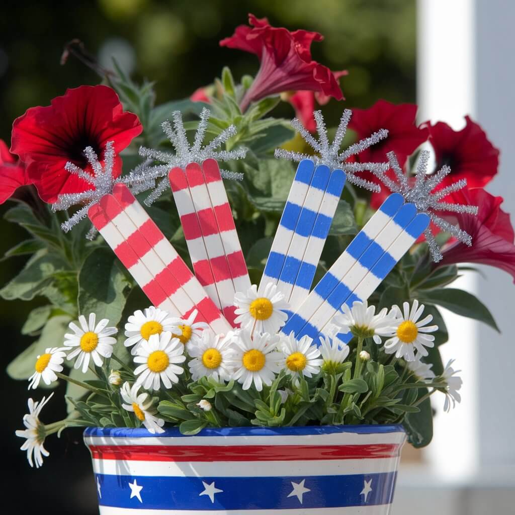 A sunny outdoor barbecue setting with a flower pot overflowing with red petunias and white daisies. The flower pot contains miniature firecrackers made of painted popsicle sticks in alternating bright red, crisp white, and royal blue. The sticks are dusted with a hint of glitter and tied together with sparkly silver pipe cleaners twisted into starburst shapes at the top. The overall image has a patriotic theme.