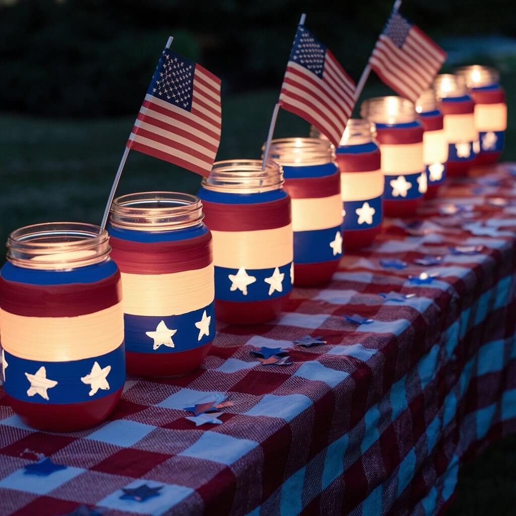 A cozy, glowing display of a simple homemade craft where mason jars are transformed into patriotic lanterns. Each mason jar is painted with clean, vibrant red, white, and blue stripes. Some jars feature little hand-painted stars in white, placed neatly over blue backgrounds. Inside each jar is a battery-operated tea light, casting a warm, inviting glow. The jars are arranged in a straight line along a picnic table covered with a red-checkered cloth. Small American flags and scattered confetti stars decorate the surrounding area, completing the festive nighttime Memorial Day scene.