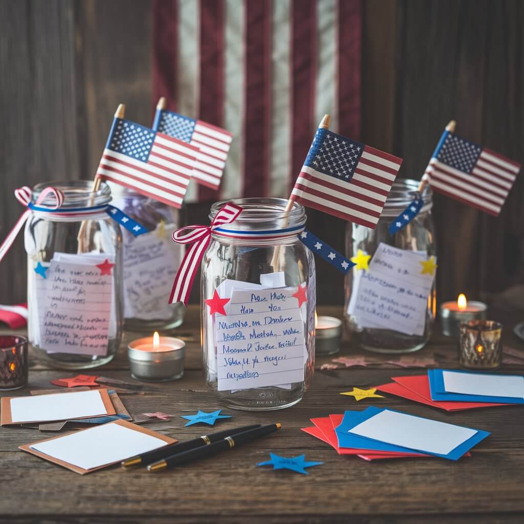 A simple homemade craft with clear mason jars decorated with festive ribbons, mini American flags, and glued-on paper stars. Each jar is filled with small folded slips of paper where family members have written heartfelt memories and tributes. A rustic wooden table is set with several of these jars, surrounded by pens, colorful note cards, and tea candles. In the background, a faded American flag hangs gently, giving the entire setup a solemn but heartwarming atmosphere perfect for Memorial Day.