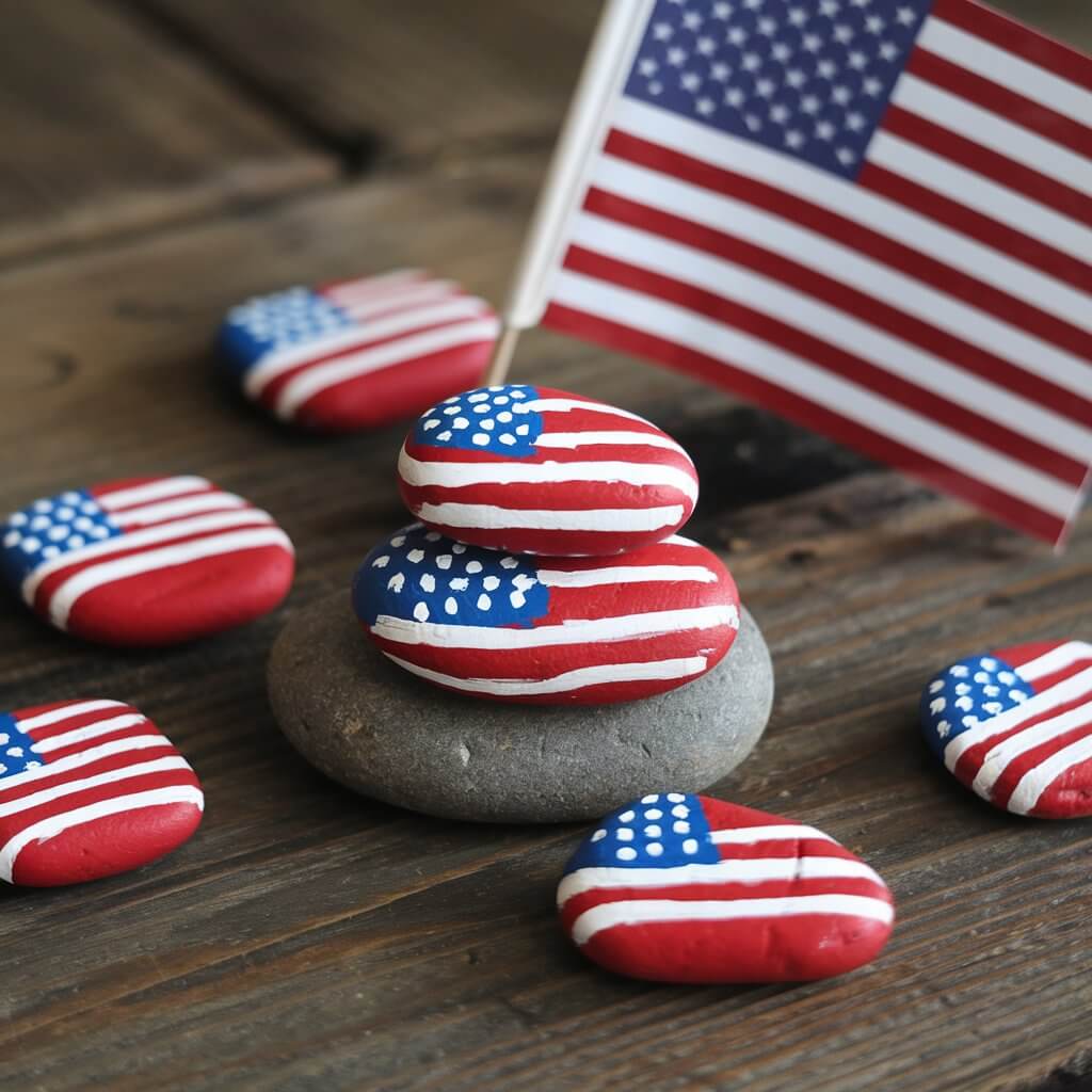 A photo of a charming simple homemade craft featuring smooth river rocks painted to resemble tiny American flags. Some rocks have vivid red and white stripes, while others show deep blue backgrounds with delicate hand-painted white stars. A few rocks are artfully stacked together on a rustic wooden table, and a small American flag waves in the corner.