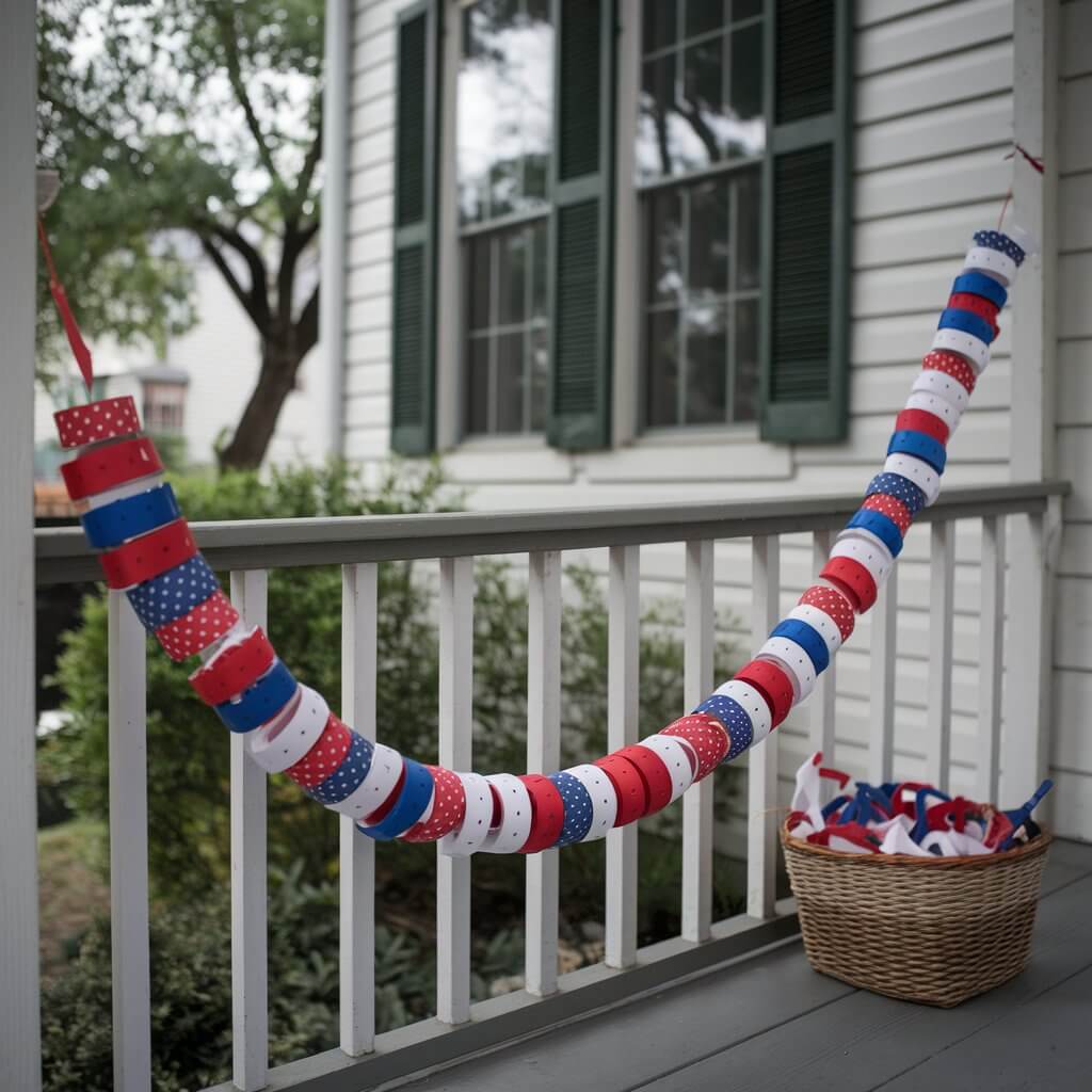 A photo of a simple homemade craft of a long chain of red, white, and blue paper loops linked together. Each paper loop is carefully glued, and the chain hangs across a wooden front porch railing. Some paper strips are patterned with stars, while others are solid colors, creating a playful, festive rhythm. A nearby basket of leftover paper strips. The background contains a white house with green shutters and a few trees. The overall image has a nostalgic vibe.