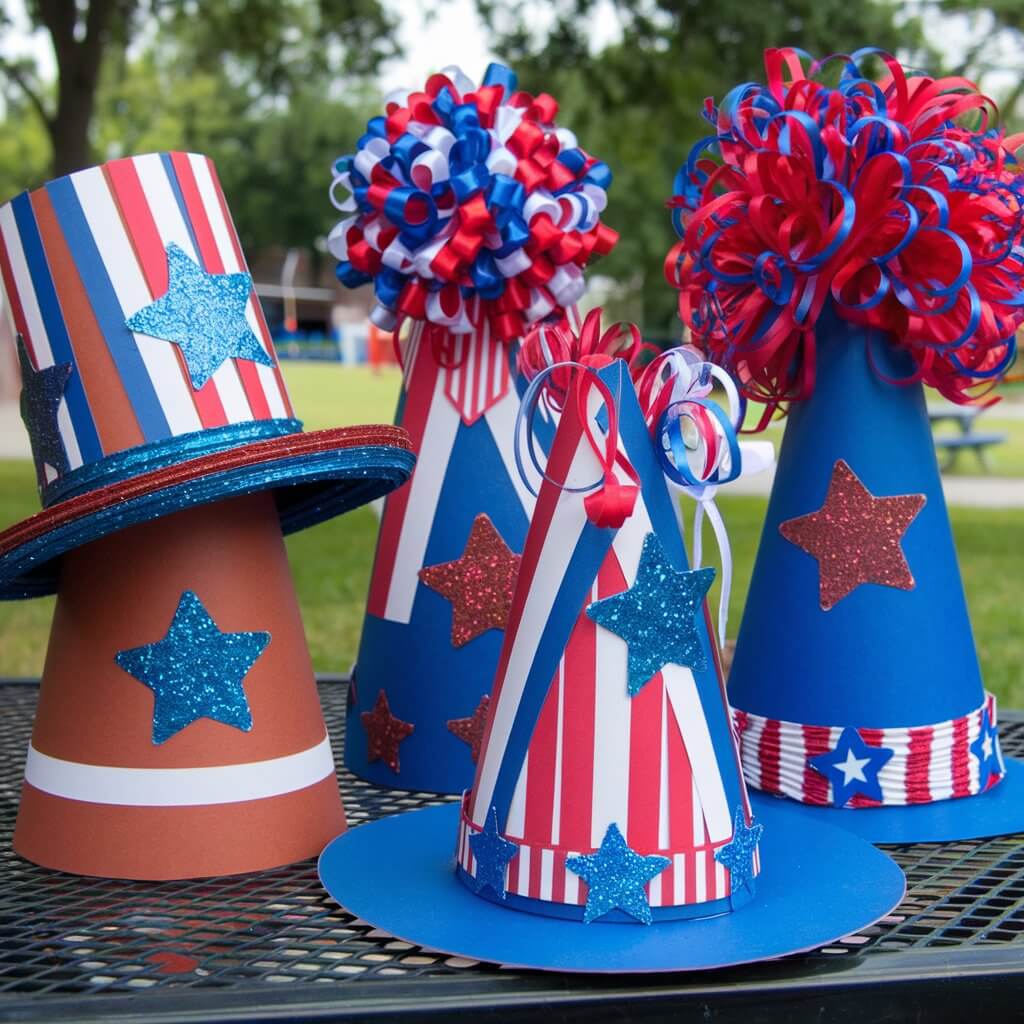 A photo of a four-piece collection of homemade parade hats. Each hat is made from sturdy cardstock and crafted into a tall cylinder shape. They are wrapped in red, white, and blue paper. The hats are adorned with glittery stars, striped ribbons, and big shiny stickers. One hat has a wide brim made of matching cardstock, while another has a towering plume of curly red and blue ribbon at the top. The hats are sitting proudly on a picnic table.