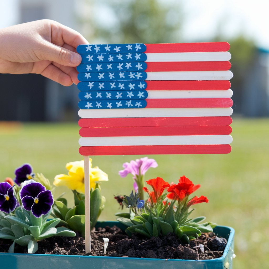 A photo of a child's hand holding a small American flag made entirely of popsicle sticks. The flag is made of alternating bright red and white stripes, with a blue square in the corner filled with tiny hand-drawn white stars. The flag is glued onto a thin wooden dowel, standing upright in a planter filled with fresh soil and colorful flowers. The background is a bright, sunny day.