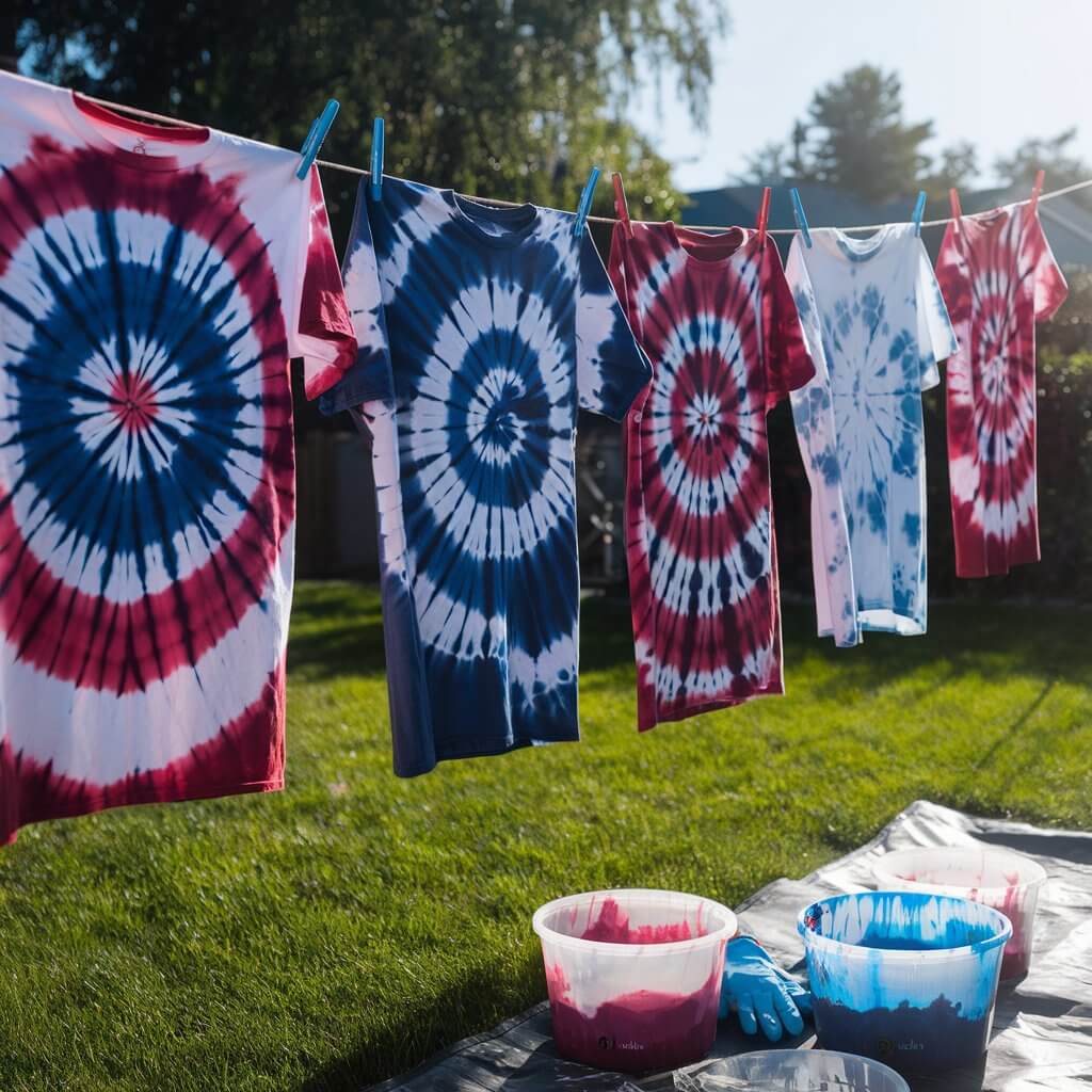 A photo of freshly dyed white t-shirts hanging from a backyard clothesline. Each shirt is tie-dyed in swirling patterns of bold red, deep blue, and patches of white left in between. Some shirts have starburst effects created by tight rubber band knots, while others display a looser, marbled design. The shirts sway slightly in the breeze, set against a lush green lawn and a bright sunny sky. Nearby, plastic tubs of dye and gloves are scattered on a tarp, showcasing the messy but joyful crafting process.