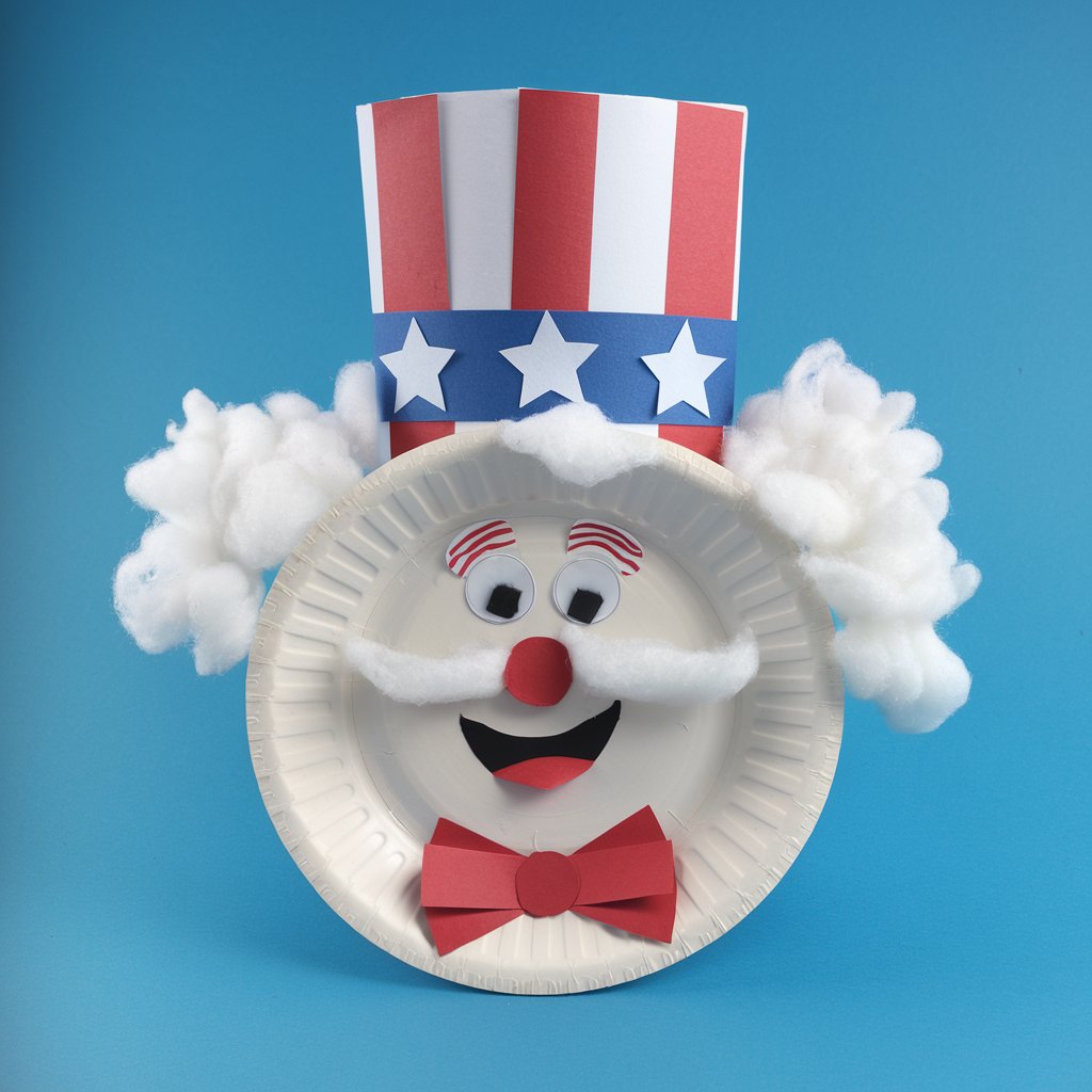 A whimsical, simple homemade craft of Uncle Sam's cheerful face made from a standard white paper plate. The fluffy white beard and hair are made from stretched-out cotton balls glued neatly along the edges. The iconic top hat is constructed from construction paper with red and white vertical stripes and a blue band with white paper stars. Googly eyes give Uncle Sam a fun, animated expression, and a red construction paper bowtie finishes the look. The craft sits upright against a bright blue background.
