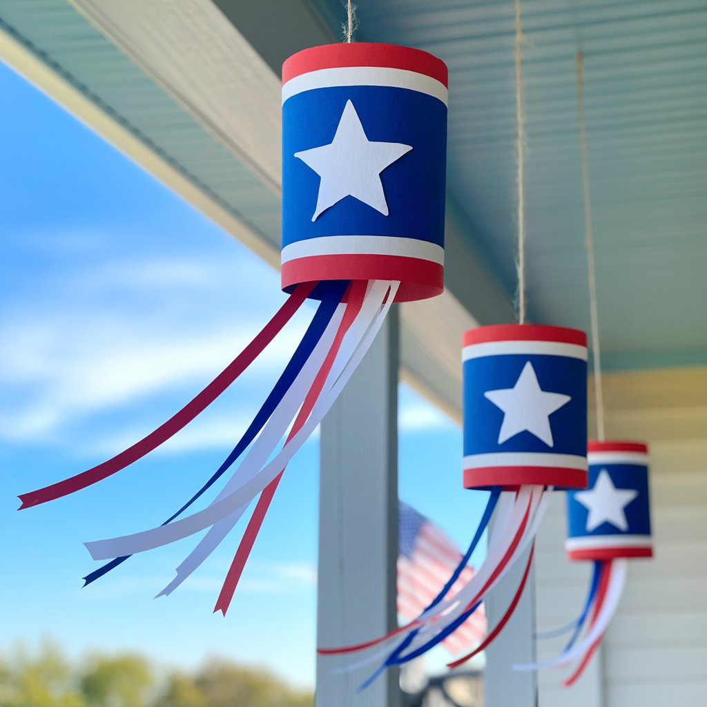 A photo of a homemade craft with three windsocks made from lightweight paper rolls. Each windsock is painted in bold red, white, and blue stripes, with large white star stickers neatly placed around the middle. Long flowing ribbons, matching the patriotic color theme, are attached at the bottom and flutter in the gentle outdoor breeze. The windsocks hang from sturdy twine, suspended from a wooden porch beam, creating a cheerful, festive look. The background features a bright blue sky with a few soft clouds, and an American flag flutters faintly in the distance.
