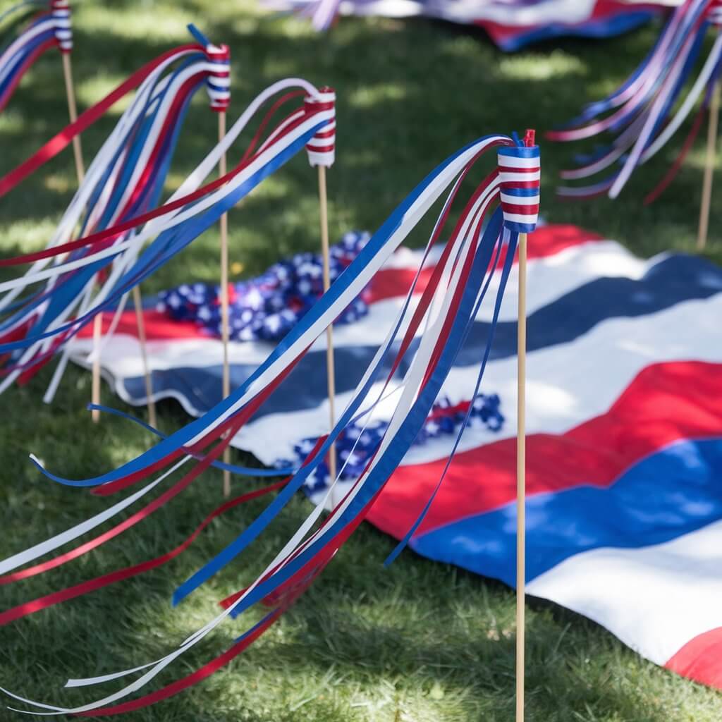 A photo of a whimsical homemade craft display of ribbon wands. Each wand is made from a thin wooden dowel wrapped tightly with red, white, and blue satin ribbons. Long flowing ribbon strands trail from the tops, fluttering gracefully in the breeze. Scattered in the grass are extra wands and colorful picnic blankets, capturing the joy of a perfect Memorial Day afternoon.