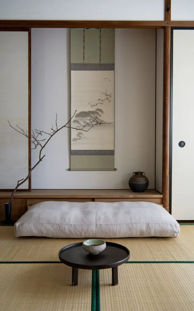 A photo of a minimalist Japanese living room with a stone-colored linen low platform sofa and a low chabudai table with a single ceramic tea bowl. A wall scroll with delicate brushwork hangs above the sofa, and a solitary branch in a handmade vase adds life to the room. The room has a serene atmosphere with a sense of clarity and balance.