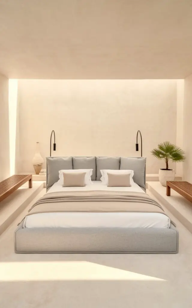 A photo of a serene, clutter-free summer bedroom with a refined minimalist design. The room features a cozy, neatly decorated five-star upholstered bed with crisp white sheets, a pale gray throw, and two perfectly fluffed pillows. The surrounding space is open and light, with only essential furnishings: a simple wooden bench, a single potted plant, and a streamlined lamp. The walls are bare but glowing in natural light, allowing calm and simplicity to take center stage in this breezy sanctuary.
