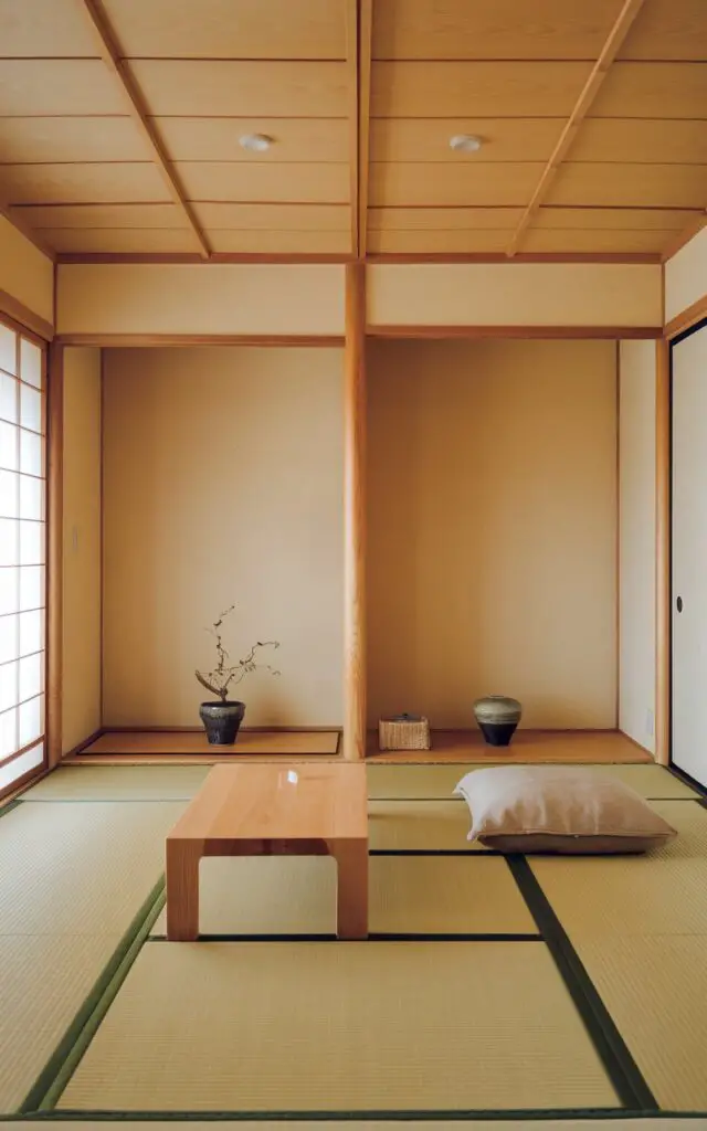 A serene minimalist Japanese living room bathed in natural light features a clean, open space with an uncluttered layout. A single low-profile wooden table rests at the center on a pale tatami mat. To the side, a simple neutral-toned zabuton cushion is paired with a soft linen throw. The walls are painted in a warm, off-white tone with no artwork—only a small built-in wooden shelf holding one handmade ceramic bowl. The overall aesthetic radiates tranquility, embracing minimalist principles with a deep sense of purpose and soul. The entire space feels meditative and welcoming, embodying the core values of Japanese simplicity.