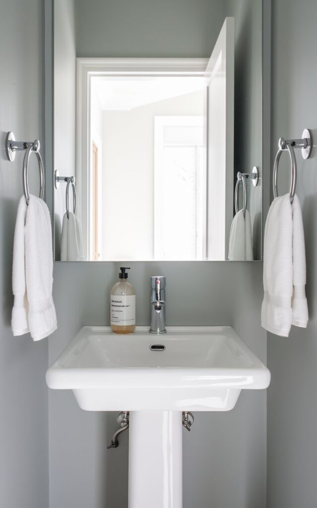 A photo of a small powder room with a crisp white porcelain pedestal sink and a slim, chrome modern faucet. The walls are painted soft gray. The room contains a transparent soap bottle with minimalist black text, a frameless mirror, and chrome towel hooks. A bright open white door in the background leads to an entryway.