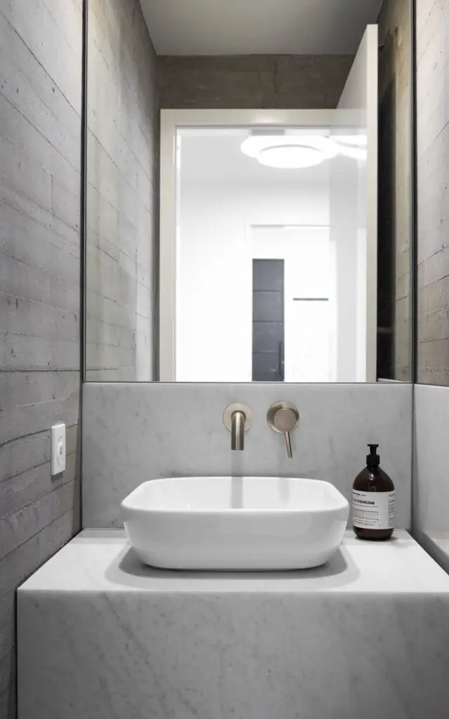 In this small powder room, mixing materials adds an intriguing and tactile dimension to the space. A smooth concrete wall contrasts with the polished marble vanity and sleek modern faucet in brushed nickel. The white vessel sink is minimalist in design, paired with a clear soap bottle on the countertop. Above, a large, frameless mirror reflects the bright open white door on the background which shows an entryway, subtly blending the two rooms. The combination of cool concrete, marble, and chrome creates a contemporary, layered look that elevates the small space without overwhelming it.