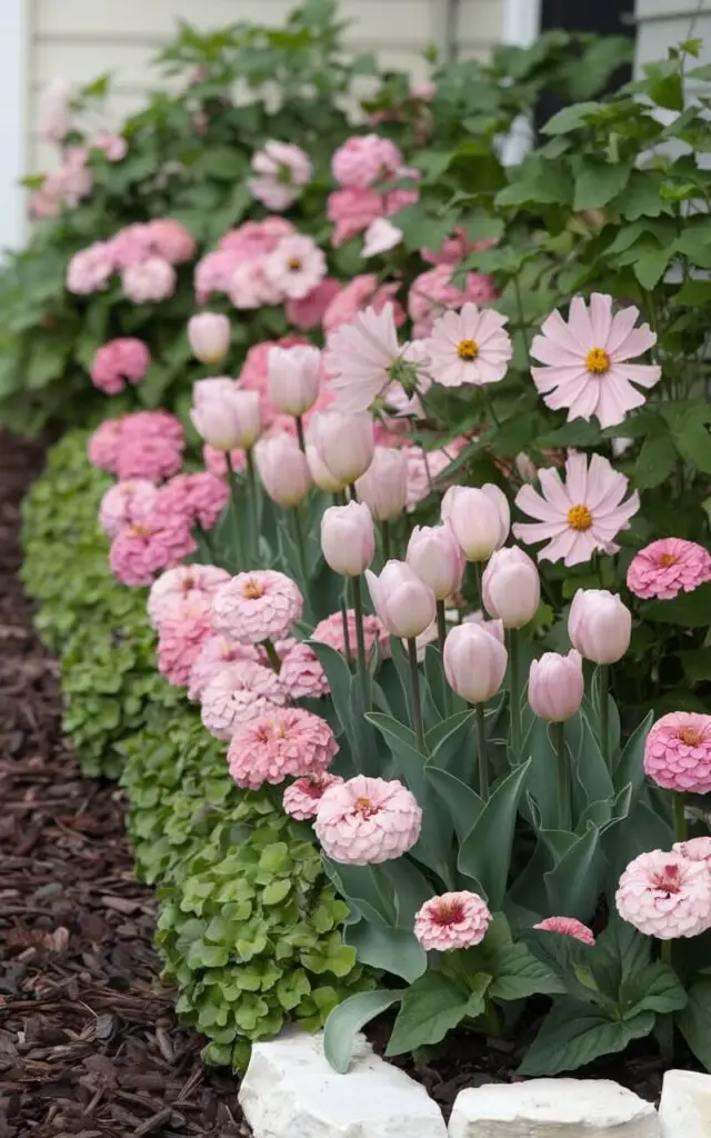 A photo of a monochrome-themed flower bed in front of a house. The flower bed is filled with soft pink tulips, cosmos, and zinnias, arranged by height. The bed is edged with white stone and has lush green foliage. The flowers are placed on a deep brown mulch, giving the flower bed a clean, finished appearance.