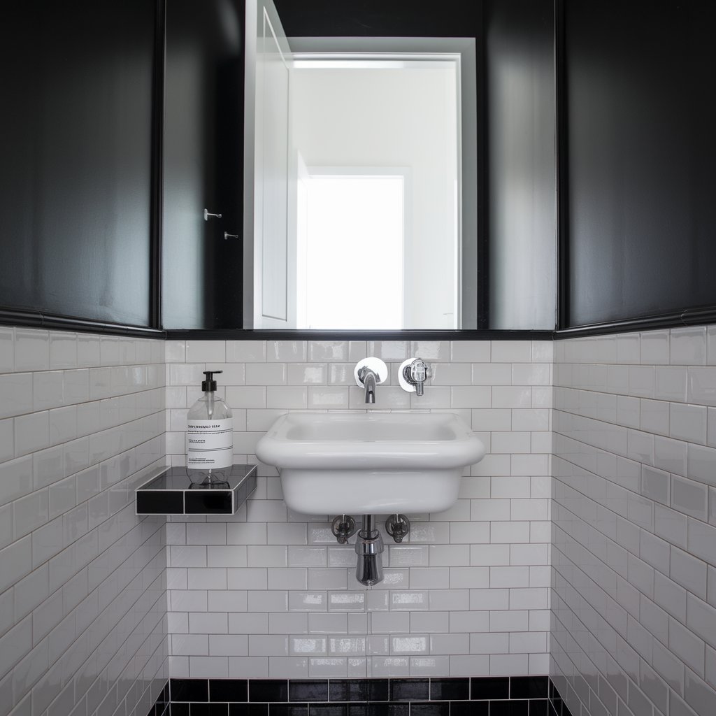 A photo of a small powder room with a black-and-white monochrome palette. The room has a glossy black tile floor, a white pedestal sink, and a sleek, wall-mounted modern faucet. There is a clear soap bottle with crisp black text on a small, floating shelf. The room has a minimalist mirror edged in matte black, which reflects the bright open white door in the background. The high contrast look is bold, clean, and visually impactful.