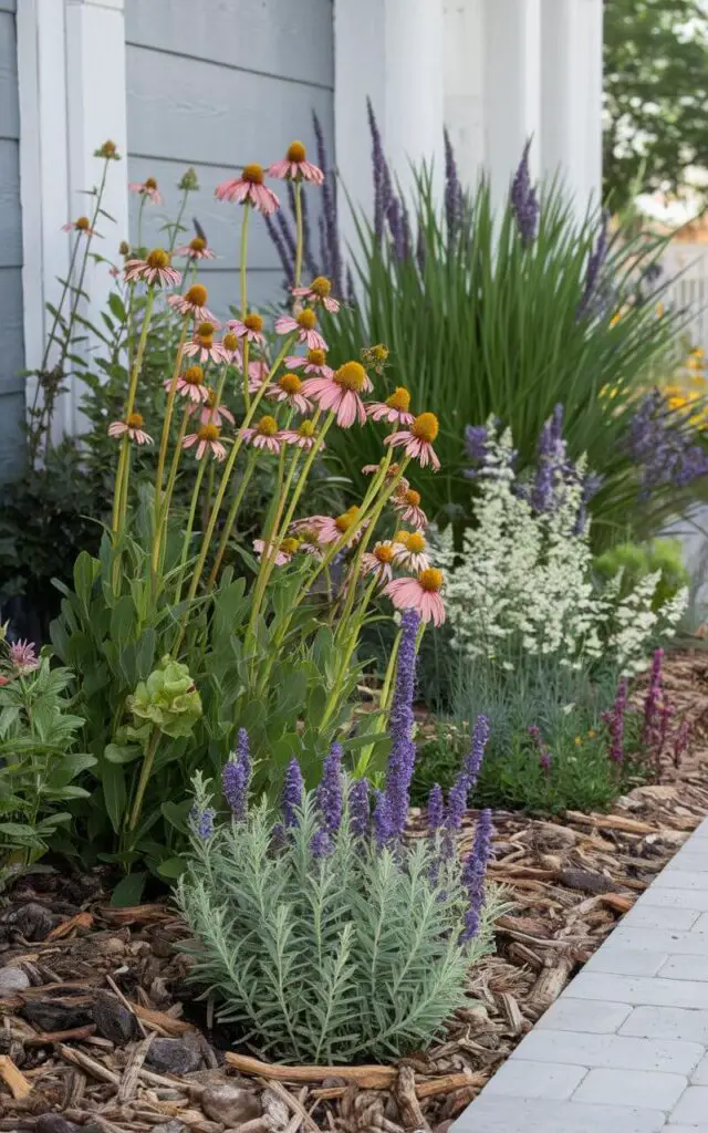 A photo of a flower bed in front of a house. The flower bed is neatly decorated with native plantings. There are coneflowers, goldenrod, and prairie dropseed. The foliage is varied and creates rich texture. Mulch made from shredded bark keeps the bed tidy. The flower bed reflects a deep connection to the local landscape and celebrates wild beauty.