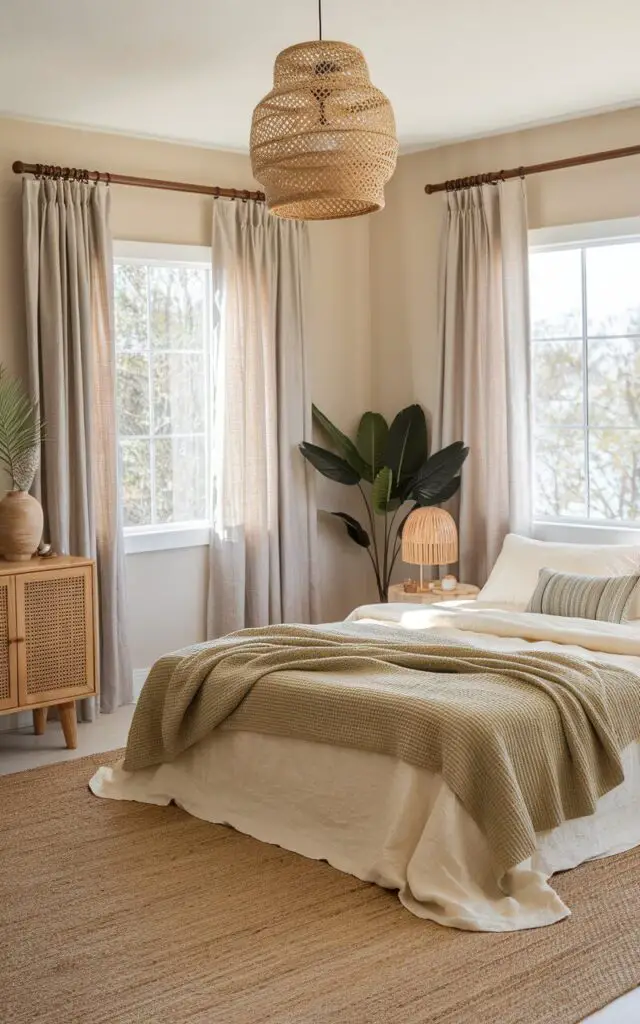 A photo of a summer bedroom with an earth-toned color palette. The room has a large woven jute rug and a cozy five-star bed with airy cream-colored sheets and a waffle-textured cotton blanket in soft olive green. A natural wood furniture piece, a hanging rattan lamp, and a leafy plant are also in the room. The sunlight pours in through linen window curtains, bouncing off the pale walls and creating a grounded, relaxed atmosphere.