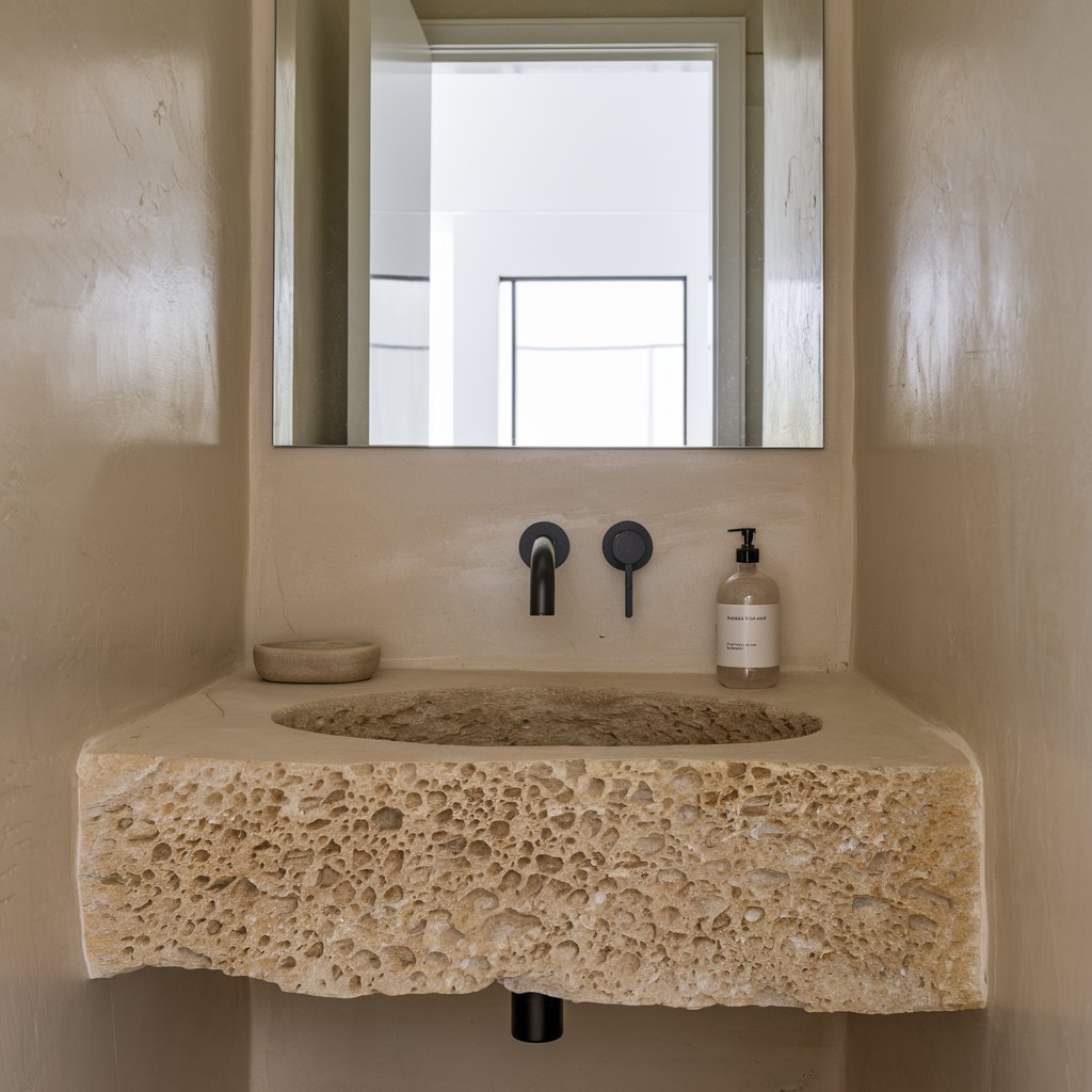 A small powder room with earthy luxury. The vanity and sink are carved from a single block of textured limestone. The natural stone adds weight and presence, softened by a minimalist modern faucet in matte black. A clear soap bottle with muted branding complements the organic look. Above, a frameless mirror reflects the bright open white door on the background which shows an entryway, contrasting the warm stone with cool natural light. The materials bring a grounding, serene quality to this minimalist space.