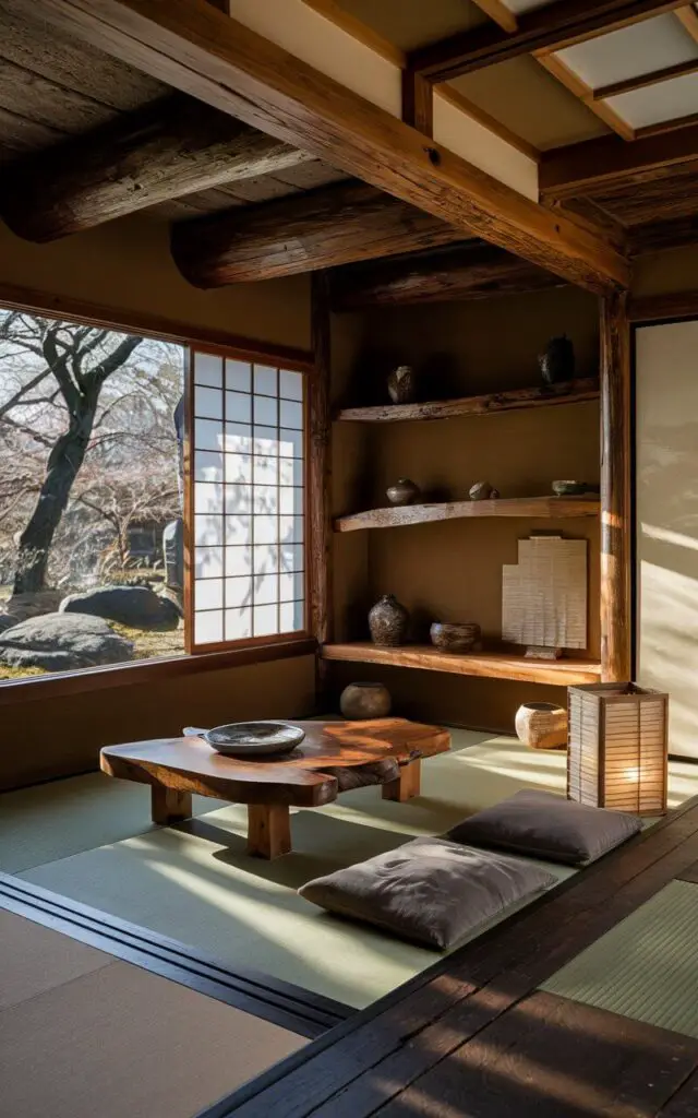 A photo of a Japanese living room with rich natural textures. The room has a wooden chabudai table and a low platform sofa. There is a wooden shelf with handmade ceramics and a floor lantern with a rice paper shade. The room has an exposed rustic ceiling beam and smooth cypress planks on the floor. The room has a large, unadorned window that lets in light and casts subtle shadows across the earthy materials. The design honors nature and craftsmanship, offering warmth without excess.