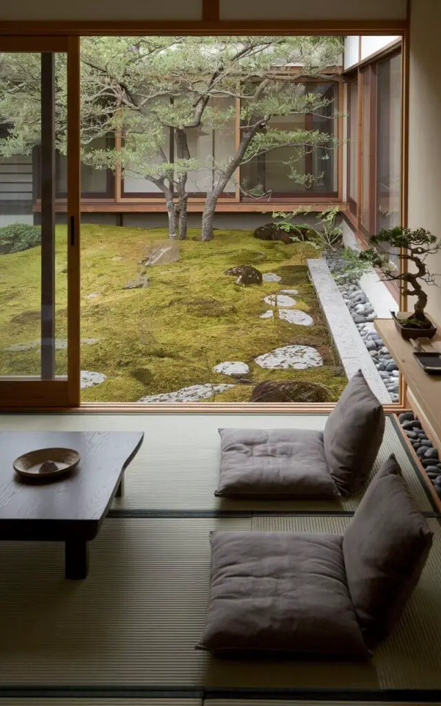 A serene Japanese living room with a chabudai table near the large glass doors that frame a moss garden. The doors visually merge the indoor and outdoor spaces. A Japanese low platform sofa in slate-gray cotton faces the view and is adorned with neutral cushions. A bonsai sits on a nearby shelf, and smooth river stones are placed along a narrow wall ledge. The minimalist design is harmonized with nature - open, grounded, and serene. The living room becomes a tranquil extension of the surrounding landscape.