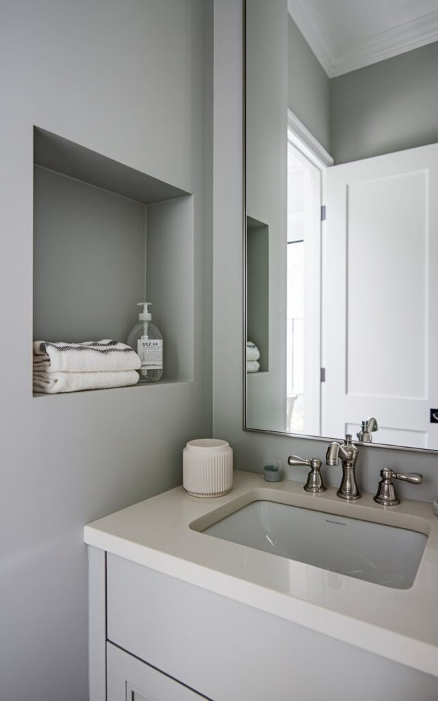 A photo of a small powder room with a recessed niche wall. The room has a soft gray color scheme, with the niche holding a clear soap bottle and folded hand towels. There is a modern faucet over a petite sink, and a minimalist vanity below. A frameless mirror reflects the bright open white door in the background. The niche adds functionality while maintaining the room's clean and modern aesthetic.