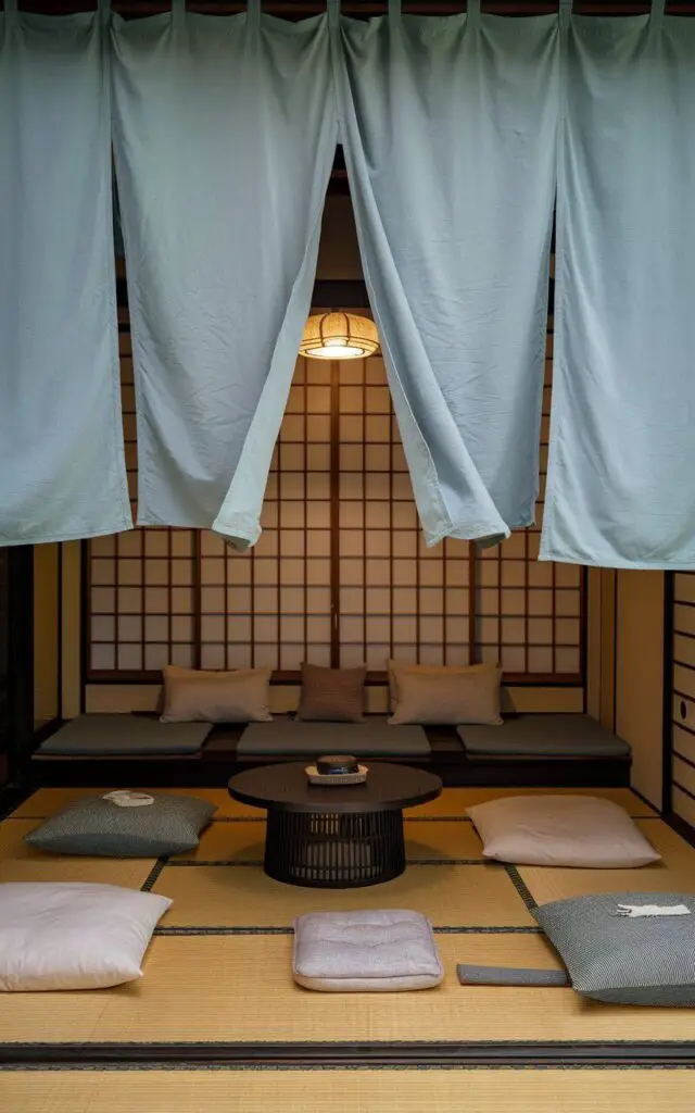 A photo of a Japanese living room with a noren fabric divider in soft indigo. The divider is swaying gently with the breeze. The room beyond the divider is minimalist, with a Japanese low platform sofa against a washi-paneled wall. A circular chabudai table sits in the center, flanked by floor cushions in neutral hues. A soft lantern glows above, and the floor is lined with warm tatami mats. The atmosphere is quiet and welcoming.
