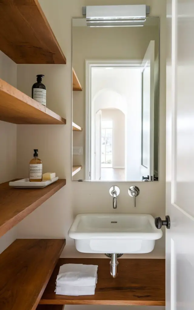 A photo of a small powder room with open wooden shelving. The warm wood shelves contrast with the soft white walls. A modern polished chrome faucet is paired with a sleek white sink beneath a wall-mounted mirror. A clear soap bottle sits on the top shelf, and fresh hand towels are neatly arranged on the lower shelf. The mirror reflects the bright open white door in the background, which leads to an entryway and showcases a light-filled corridor, enhancing the room's airy feel.