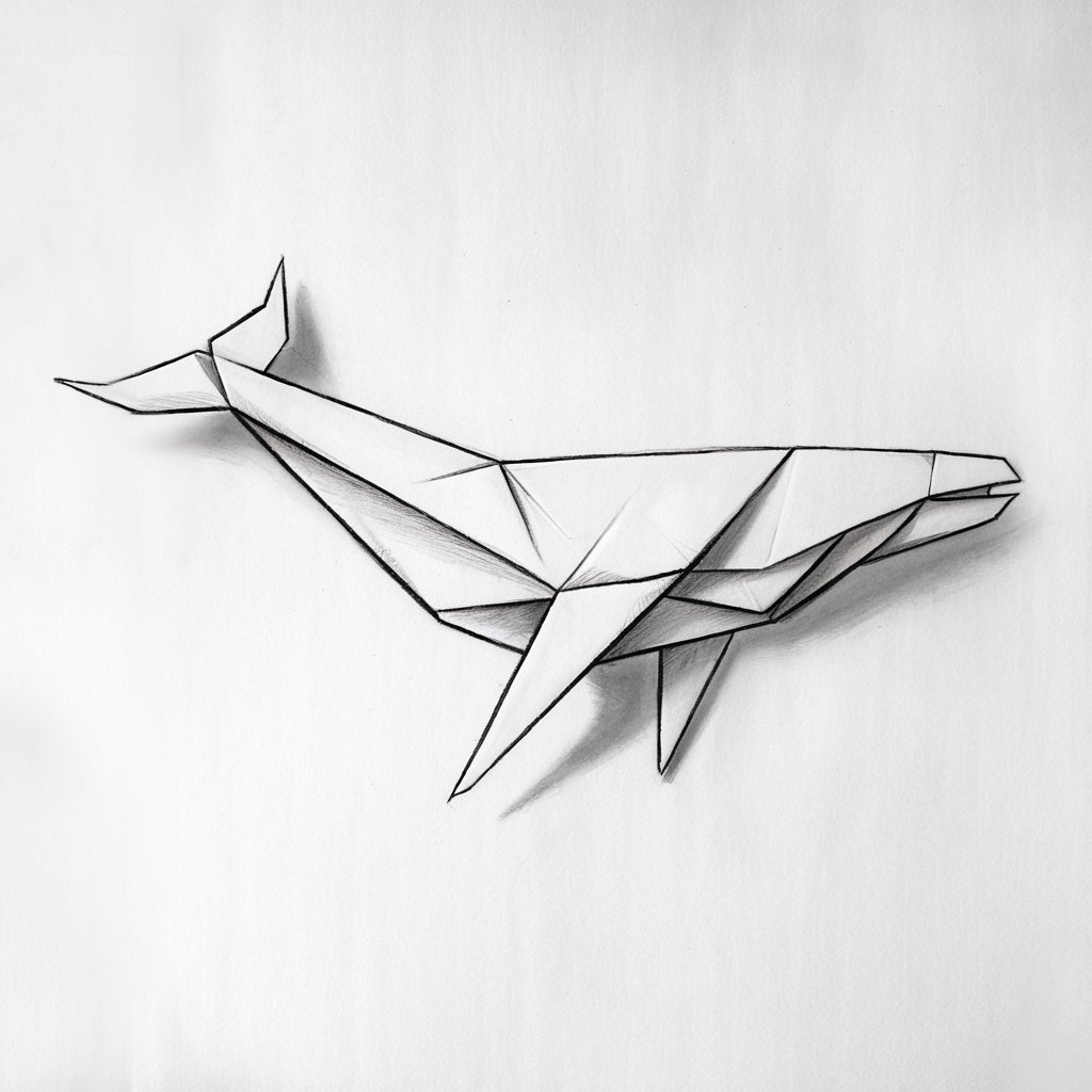 A minimalist, plain white background pencil drawing of a whale folded from an origami sheet. The whale's body is drawn in a simplistic style, with crisp, angular folds defining its geometric shape. The sharp creases of the origami are lightly shaded to create depth, while the whale's sleek body is outlined with clear, straight lines. Its tail and fins are sharply defined with minimal detail, emphasizing the folded texture rather than natural curves. The entire piece maintains a structured, yet minimalist design, showcasing the elegance of paper art through delicate pencil strokes.