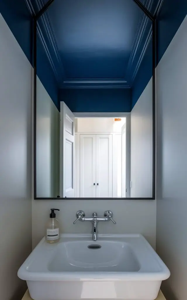 A photo of a small powder room with a midnight blue ceiling. The room has a modern white sink with a sleek chrome faucet. There's a clear soap bottle on the countertop. A thin black-framed mirror is above the sink. The room has a soft white wall. The background reveals an open white door leading to an entryway. The painted ceiling adds depth and drama to the space, making the room feel bigger and more dynamic.