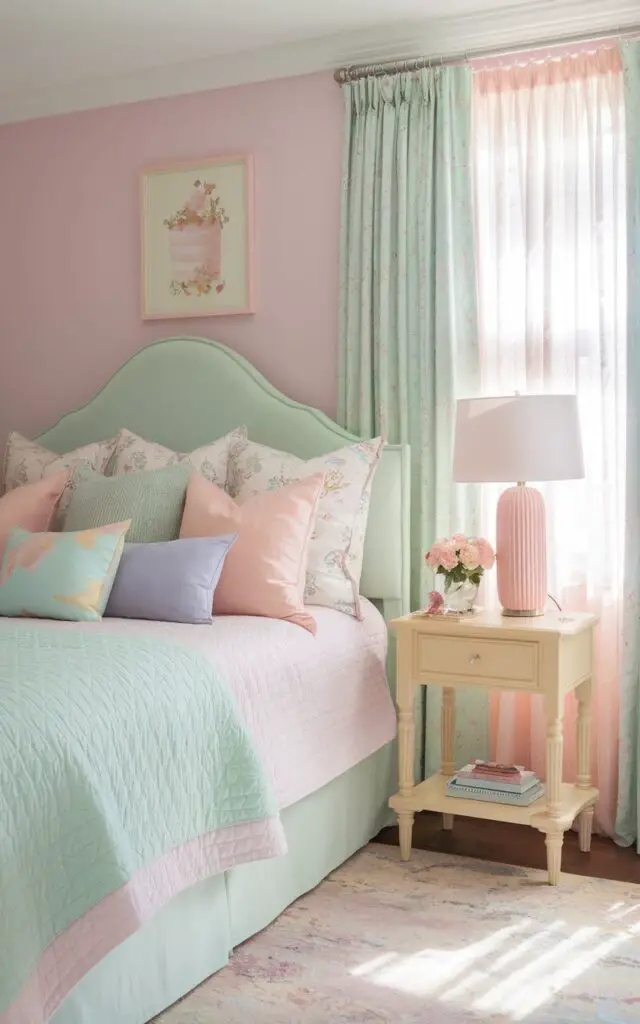 A photo of a whimsical summer bedroom decorated in soft, dessert-like pastels. The five-star upholstered bed is covered in a mint green quilt with blush, peach, and lavender pillows scattered playfully on top. A side table painted in buttercream yellow holds a pastel pink lamp. Sheer window curtains in pale mint sway gently in the breeze, tying together this sweet, nostalgic palette perfect for summer dreams.