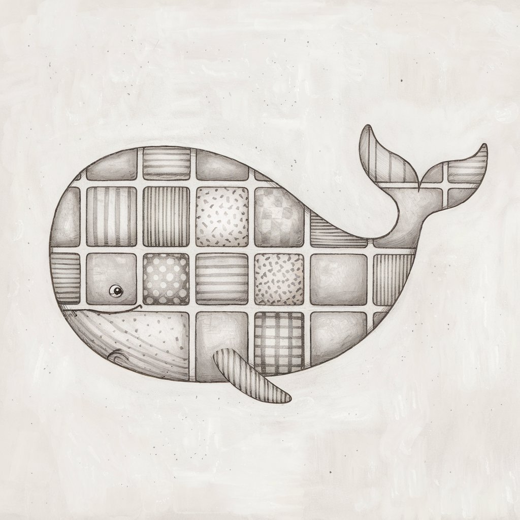A minimalist, plain white background pencil drawing illustration of a whale composed of mismatched patchwork quilt patterns. The whale is drawn in a simplistic style, with soft lines shaping its rounded body. Inside, the body is divided into neatly sectioned squares and rectangles, each filled with unique patterns like stripes, dots, and cross-hatching, all lightly shaded to indicate fabric texture. The whale's eye is warm and gentle, and the tail curls softly. The overall drawing conveys a sense of coziness, warmth, and homey charm.