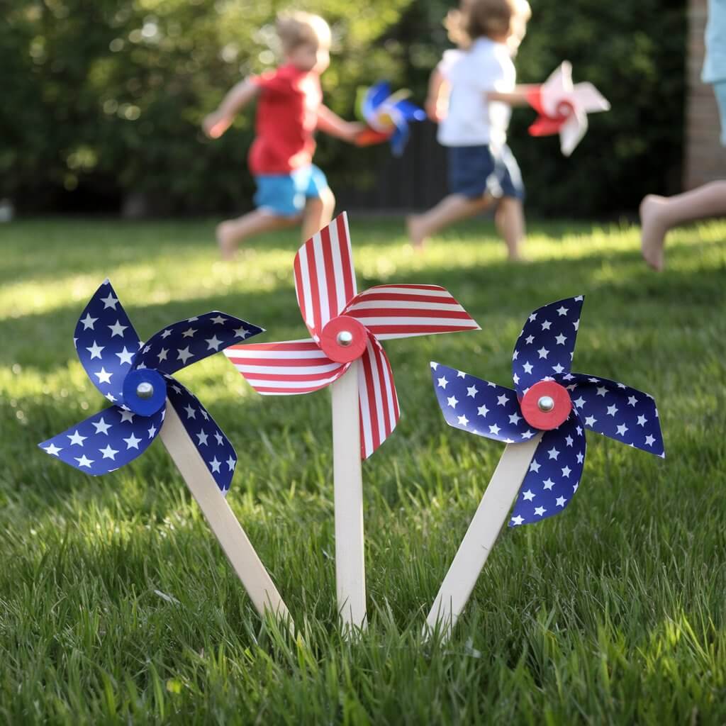 A photo of a homemade craft with three patriotic pinwheels spinning in a grassy yard. The pinwheels have blue and white stars, red stripes, and a mix of all three colors. They are attached to wooden dowels painted white and have a bright silver brad in the center for smooth spinning. In the background, kids are running barefoot across the grass, holding additional pinwheels in their hands. The scene is bathed in warm sunlight.