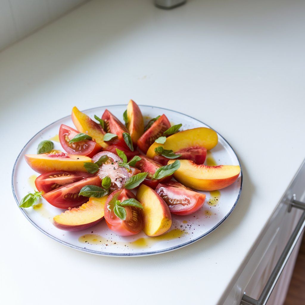 A photo of a white platter with juicy peach slices, heirloom tomato wedges, and tiny chopped basil leaves. The platter is placed on a bright white kitchen countertop. There is a drizzle of olive oil and a sprinkling of sea salt and cracked pepper on top. The background is clean and simple. The scene is bathed in direct natural light, highlighting the freshness and vibrancy of the ingredients.