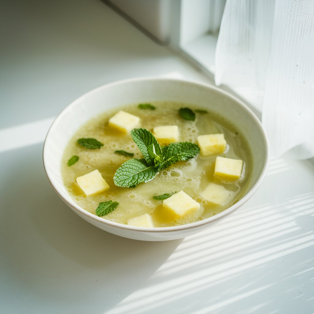 A photo of a light yellow-green summer soup with a slightly pulpy texture in a wide white bowl on a bright plain white kitchen countertop. Small cubes of pineapple float in the chilled broth, and a mint leaf is at the center. Natural light from the right gives the surface a subtle sparkle and enhances the tropical, spa-like freshness of the ingredients.