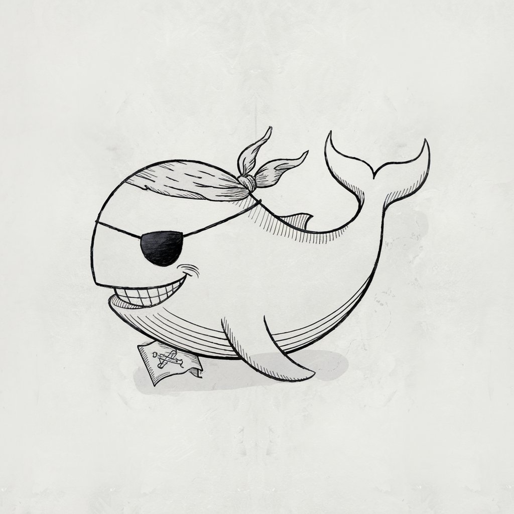 A minimalist, plain white background pencil drawing illustration of a whale styled as a pirate. The whale has a small eye patch over one eye and a tattered bandana tied around its head. The whale is drawn in a simplistic style, with clean, curved lines defining its body and subtle shading adding texture. A tiny, sketched treasure map peeks from under its flipper, and a toothy smirk gives it a mischievous personality. The whale's tail curls upward, adding movement to the otherwise minimal composition, while the pirate details stand out through sharp, purposeful strokes.