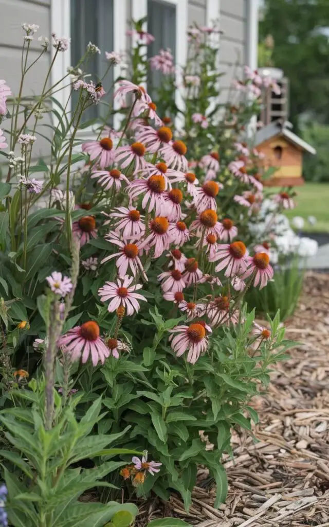 A close-up image of a flower bed in front of a house, buzzing with life. Purple coneflowers, bee balm, and milkweed dominate the scene. The plants are densely packed to offer continuous blooms. There's visible movement as pollinators flit from one flower to the next. Natural mulch helps retain moisture and keeps the space clean. In the background, a tiny bee house peeks out.