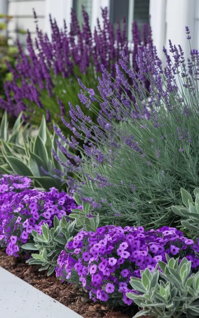 A close-up image of a lush flower bed in front of a house. The flower bed is neatly decorated and bursts with vibrant shades of purple. Lavender dominates the center, with its slender stalks topped with fragrant purple blooms that sway gently. Around it, clusters of salvia and tall verbena add height and contrast with deeper tones. Interspersed are silver-leafed plants that highlight the richness of the purples. The soil is cleanly mulched, and the edges are trimmed to perfection, giving the bed a polished, curated look. The purple hues stand out vividly against the home's white exterior.