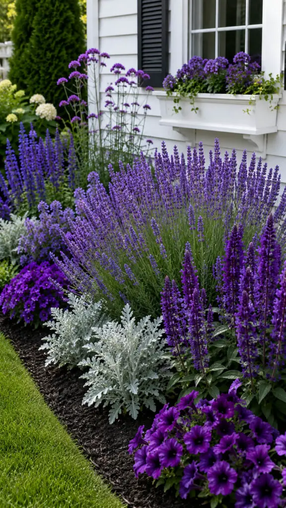 Purple blooms by the white house