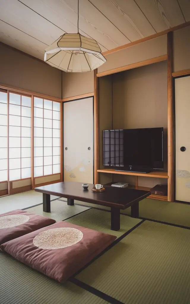 A photo of a minimalist Japanese living room with a low platform sofa facing a chabudai table. The table has a cup of tea on it. The room has pale walls, warm wood floors, and a washi lamp. There is a large television on a wooden stand in the room.