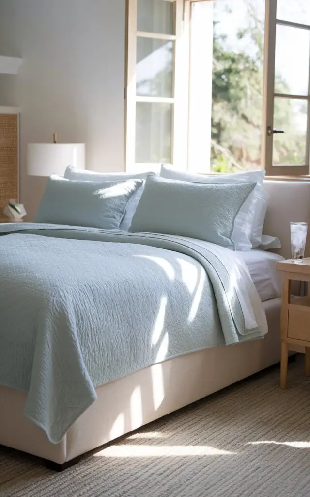 A photo of a breezy, elegant summer bedroom with a very cozy, neat-decorated five-star upholstered bed topped with a lightweight cotton quilt in soft dusty blue. The quilt is folded neatly with coordinating shams and a crisp white sheet beneath. The bed sits on a light jute rug, surrounded by pale wood furniture. A nearby open window allows sunlight to flood in, casting gentle shadows on the bed. A glass of iced water on the bedside table signals ultimate summer relaxation.