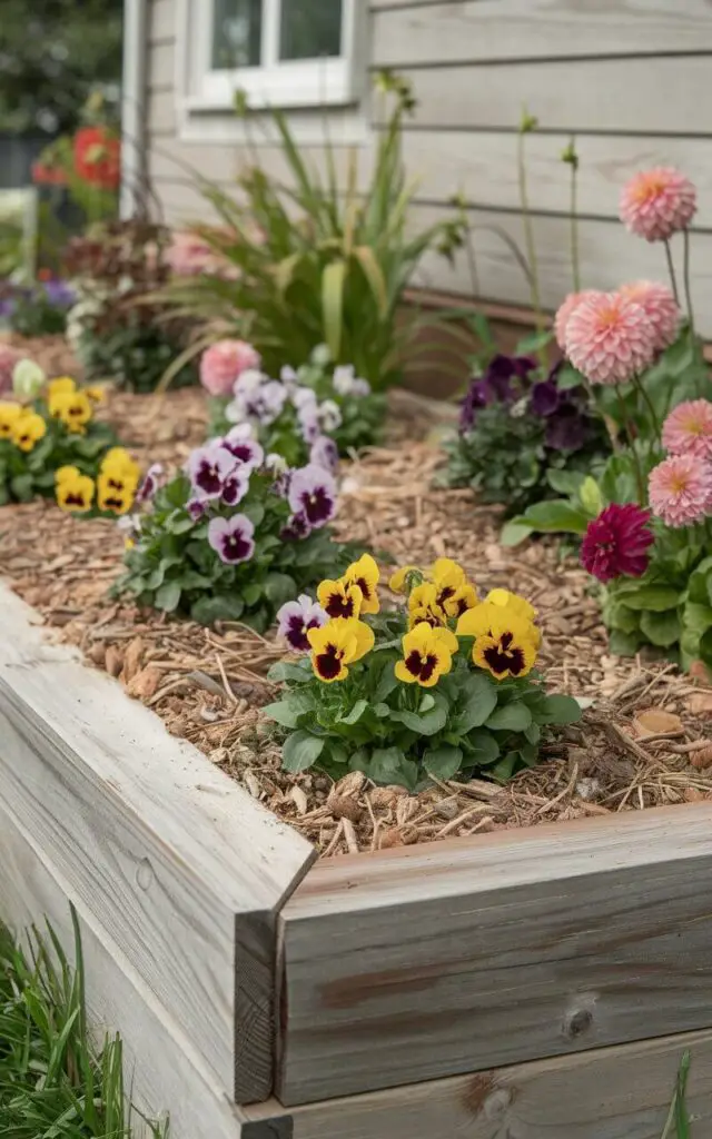 A close-up photo of a raised flower bed in front of a house. The flower bed is made of aged cedar planks and is filled with colorful pansies, snapdragons, and dwarf dahlias. The wood has a beautiful patina, adding to the rustic charm. The plants are evenly spaced and mulched with fine bark for both aesthetics and weed control. The elevation of the flower bed improves drainage and creates a sculptural garden piece right in front of the house.