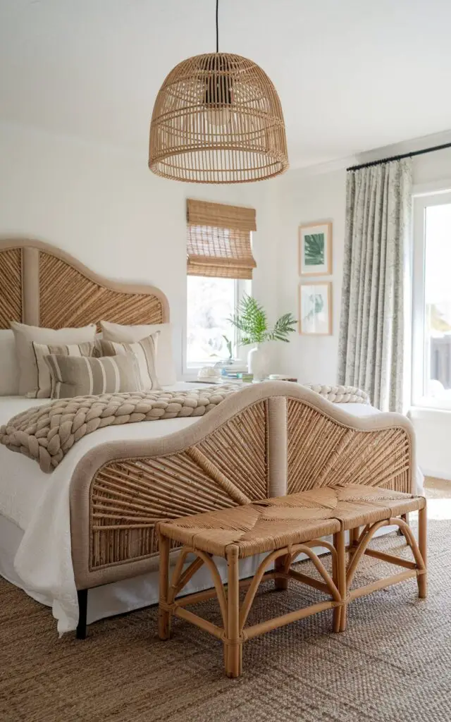 A photo of a charming summer bedroom styled with natural rattan elements. The room features a five-star upholstered bed with a woven rattan headboard. The bed is dressed with neutral bedding and a chunky throw. At the foot of the bed, a wicker bench sits. A rattan pendant light hangs above the bed. A jute rug and a few green accents are scattered throughout the room. The space is cozy and neutrally decorated, with a beachy atmosphere that is infused with texture and warmth.