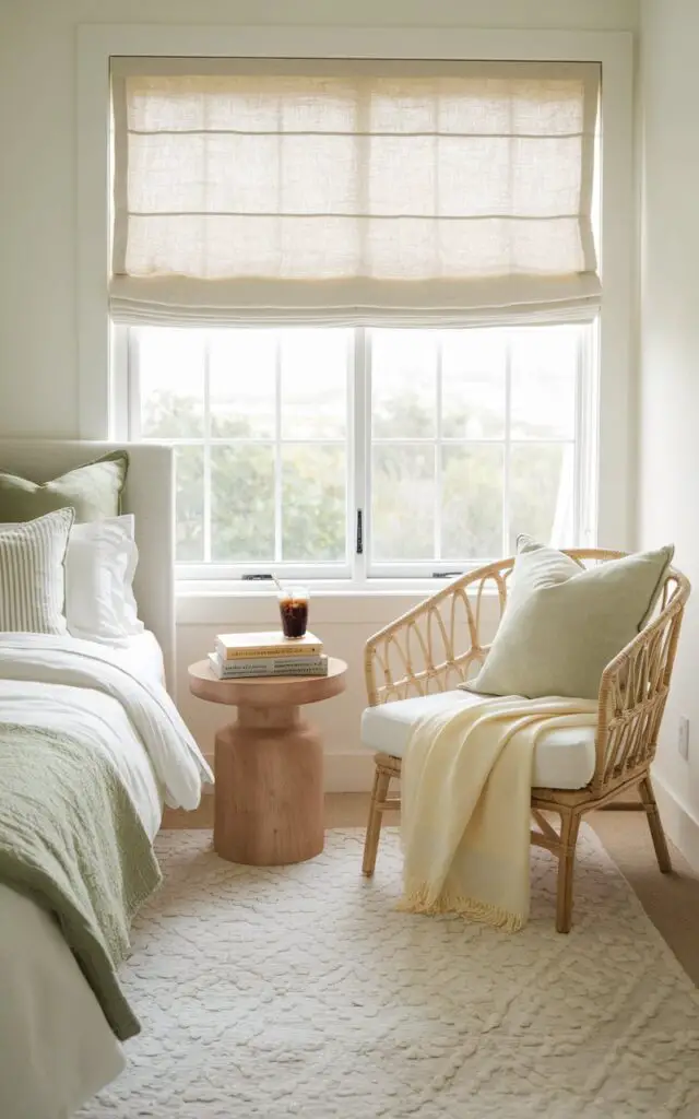 A cozy summer bedroom with a dreamy reading corner by the window. The bedroom features a 5-star bed with white and sage green bedding. Next to the bed, there is a light rattan chair with a white linen cushion and a soft, pale yellow throw. A small wood side table holds a stack of paperbacks and an iced coffee. The room has a linen roman shade that filters the sun perfectly. This is the kind of summer spot where hours can slip by unnoticed.