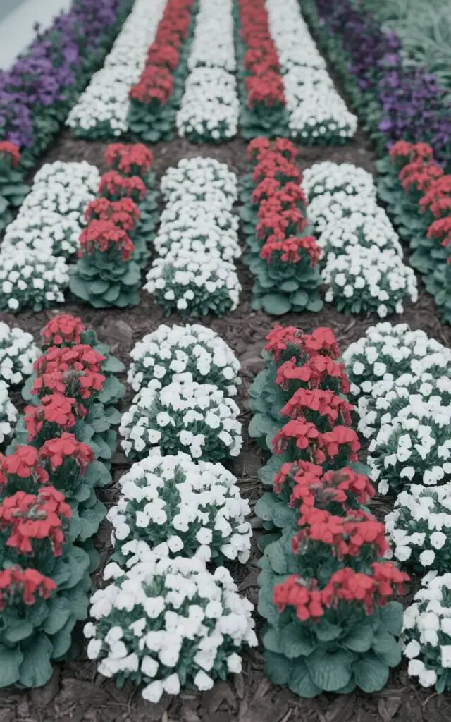 A photo of a flower bed in front of a house with a neat and decorative design. The flower bed contains rows of red salvia flowers interspersed with white alyssum flowers. The pattern is repeated and creates a visual rhythm. The flower bed has a neatly trimmed edge and a smooth, uniform mulch. The repetition of the pattern creates a calming and meditative vibe in the design.
