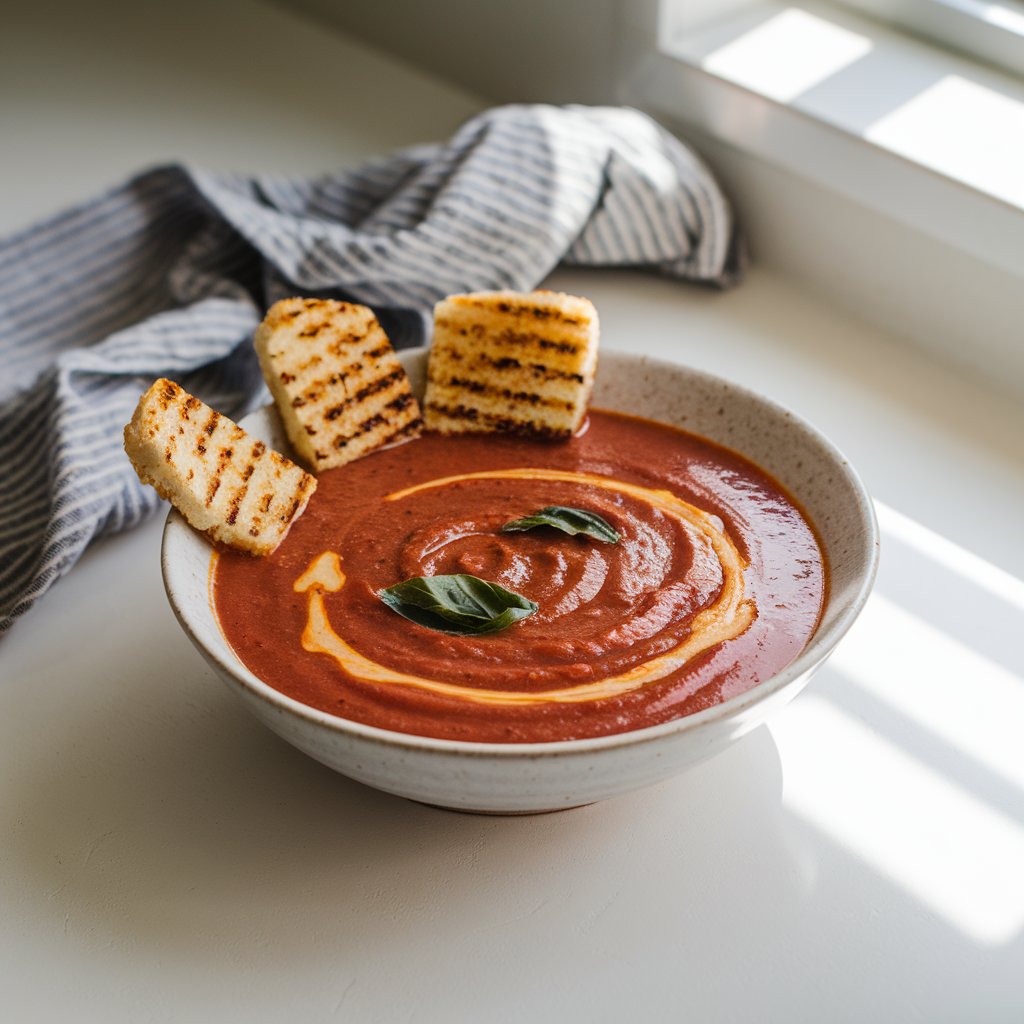 A photo of a rich, deep red summer soup in a low, wide white bowl on a bright plain white kitchen countertop. The soup has swirls of golden olive oil and a few torn basil leaves floating on the surface. Crusty grilled cheese croutons are placed perfectly on the edge of the bowl, lightly toasted and melty. A striped gray kitchen towel is draped casually in the background. Natural light enters from the top right, creating subtle shadows and a warm, sunlit glow that emphasizes the soup's hearty texture.