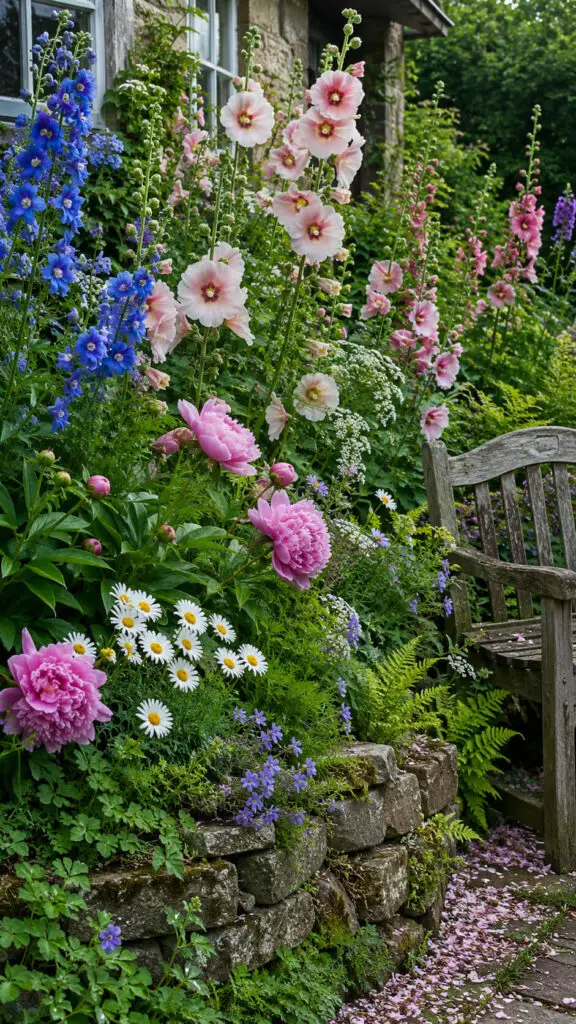 Romantic cottage garden blooms and bench