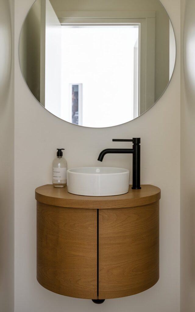 A photo of a small powder room with a compact round vanity. The vanity has a smooth, matte wood finish and features a minimalist white basin and a modern faucet in matte black. A clear soap bottle with simple lettering is placed on the countertop. The room has a circular mirror above the vanity, reflecting the bright open white door in the background, which leads to an entryway.