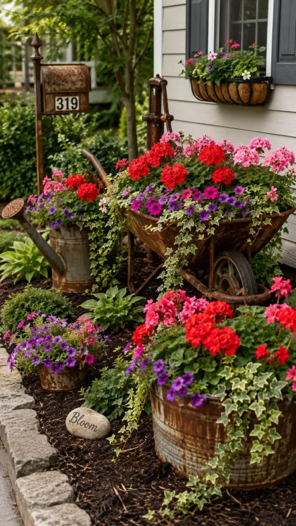 Rustic flower filled cottage garden scene