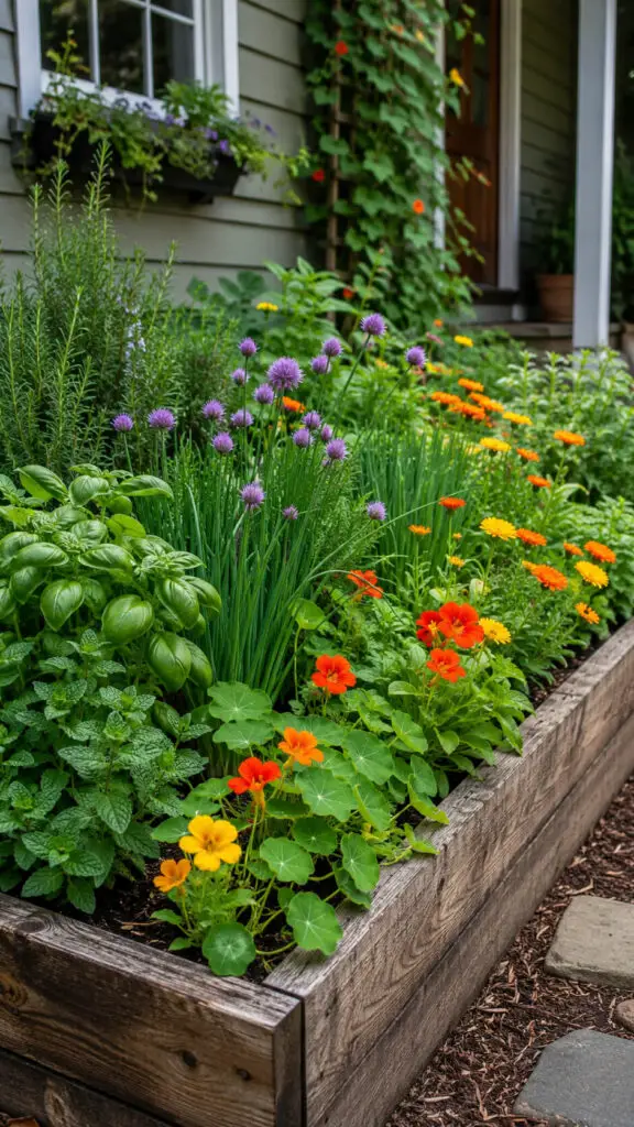 Rustic garden bed with cottage backdrop